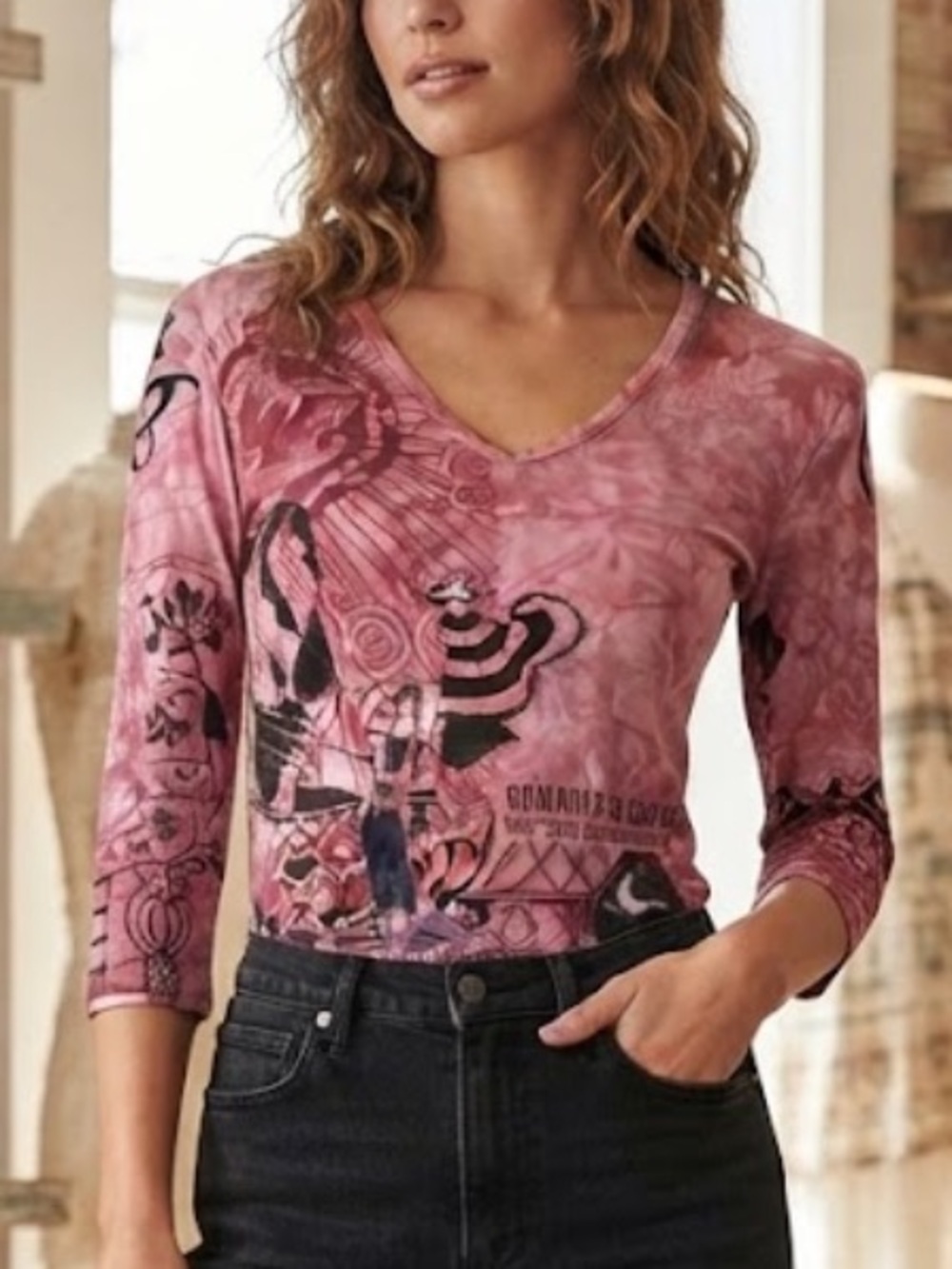 Y2K Glimmer Pink V-Neck Graphic Top Indie Grunge 100% Cotton S/M